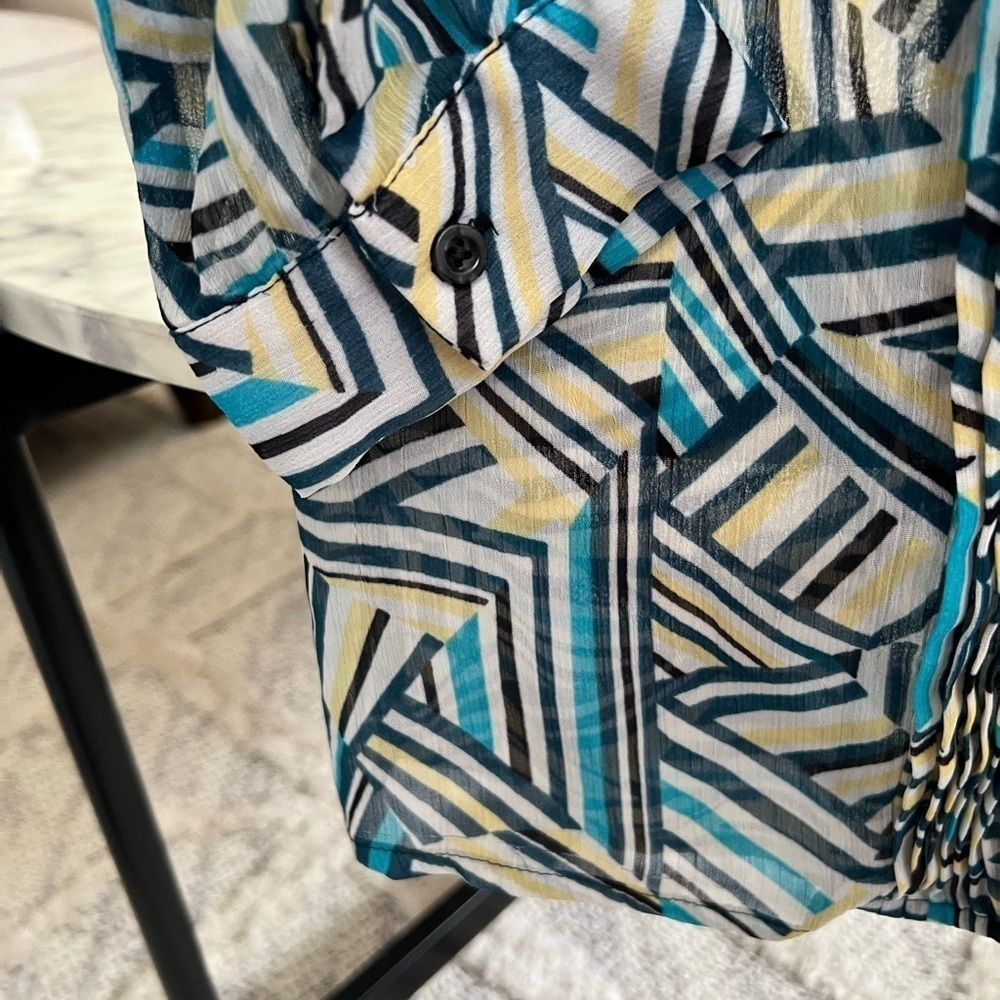 Banana Republic blue yellow navy stripe geo print tie blouse shirt top business - Picture 5 of 10